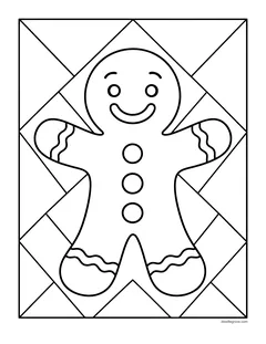 A gingerbread man in front of a background divided into triangles and diamonds