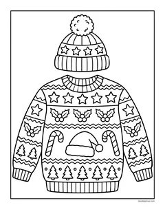 A knitted Christmas sweater with a Santa hat, candy canes, holly, stars and trees, under a matching pom-pom hat