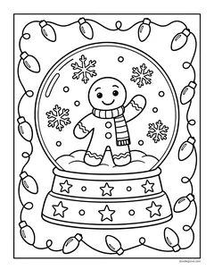 A gingerbread man in a scarf waving inside a snow globe with a star base, framed by a string of Christmas lights