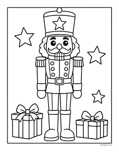 A nutcracker soldier in a tall hat with a star, a jacket with buttons and tall boots, standing between two presents