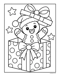 A gingerbread man in a Santa hat popping out of a polka dot gift box with a bow, with stars