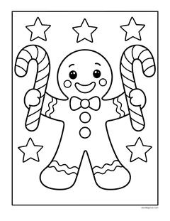 A gingerbread man with a bow tie holding a candy cane in each hand, with stars