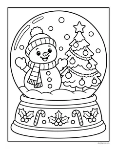 A snowman and a Christmas tree inside a snow globe, with holly and candy canes on the base