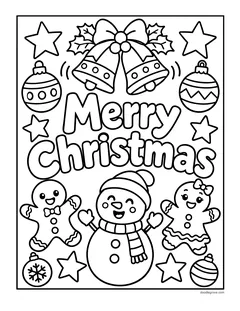 The words Merry Christmas with two bells and holly above, ornaments and stars around, and two gingerbread cookies and a snowman below