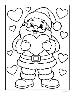 Santa Claus hugging a big heart, surrounded by small hearts