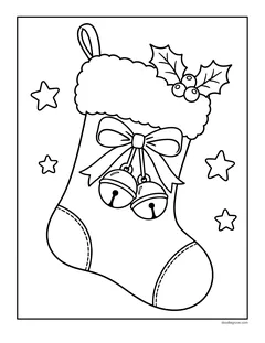 A Christmas stocking with a fluffy cuff, a bow, two jingle bells and holly, with stars