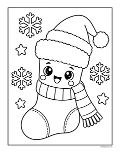 A smiling Christmas stocking wearing a Santa hat and a striped scarf, with snowflakes and stars
