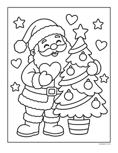 Santa Claus holding a heart next to a decorated Christmas tree in a pot, with hearts and stars