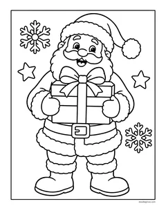 Santa Claus holding a wrapped present with a bow, with snowflakes and stars around him