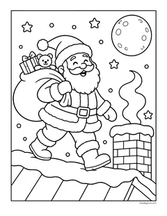 Santa Claus walking across a snowy rooftop toward a smoking chimney, carrying a sack with a teddy bear and a present, under a full moon