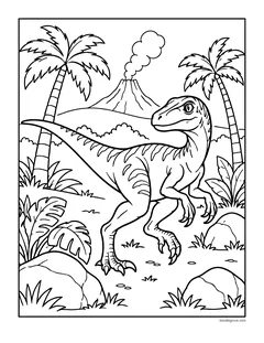 A velociraptor stalking through a jungle with palm trees, rocks and a volcano in the distance
