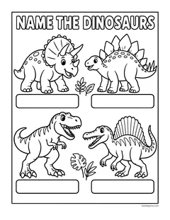A triceratops, a stegosaurus, a T. rex and a spinosaurus, each above an empty box, under the words Name the Dinosaurs