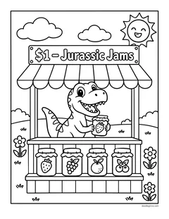 A smiling baby T. rex selling jars of jam at a market stand with a $1 Jurassic Jams sign