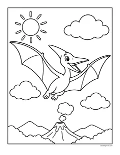 A pterodactyl flying over clouds, with a volcano and mountains below