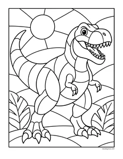 A T. rex made of stained-glass shapes, with a sun and hills in the background