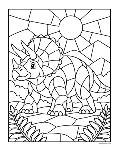 A triceratops made of stained-glass shapes in front of a sun with rays, mountains and plants