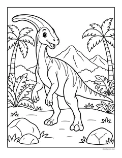 A parasaurolophus with its long head crest walking through a jungle with palm trees