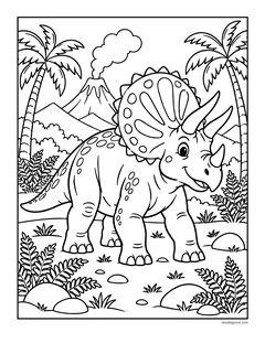 A triceratops with three horns and a big frill standing among ferns, with a volcano behind