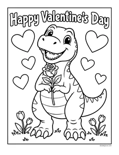 A smiling T. rex holding a rose under the words Happy Valentine's Day, with hearts and tulips