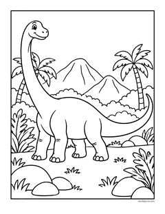 A long-necked brachiosaurus walking past palm trees and mountains