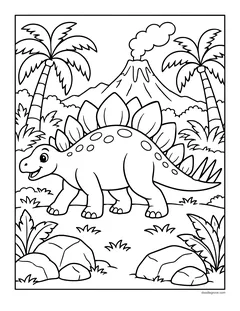 A stegosaurus with plates along its back and spikes on its tail, in a jungle with a volcano