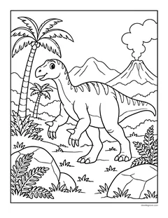 An iguanodon walking through a prehistoric jungle with palm trees, ferns and a volcano