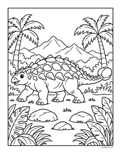 An armored ankylosaurus with a club tail walking through a jungle