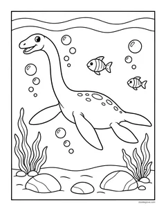 A long-necked plesiosaurus swimming under the sea with fish, bubbles and seaweed