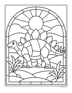 A stegosaurus made of stained-glass shapes inside an arched window with a rising sun