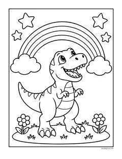 A cute cartoon T. rex standing under a rainbow with stars and flowers