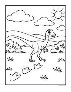 A small two-legged dinosaur walking across a meadow, leaving three-toed footprints behind