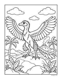 A feathered archaeopteryx spreading its wings on a rock, with palm trees and a volcano