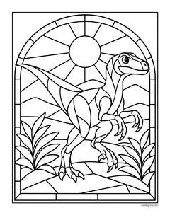 A velociraptor made of stained-glass shapes inside an arched window with the sun