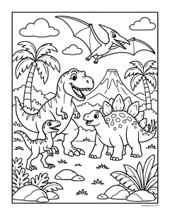 A T. rex, a baby dinosaur, a stegosaurus and a pterodactyl together in a jungle with a volcano