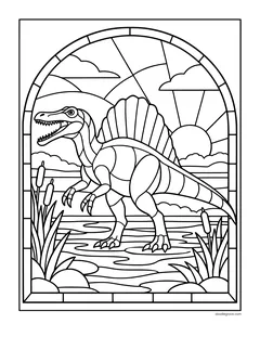 A spinosaurus with its tall sail, made of stained-glass shapes, standing in a river inside an arched window