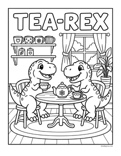 Two T. rexes having a tea party at a round table with a teapot and cups, under the word Tea-Rex