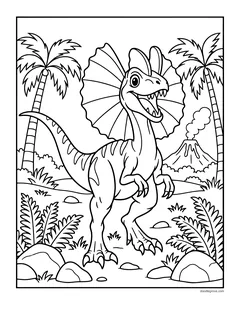 A dilophosaurus with its neck frill spread and two head crests, in a jungle with a volcano