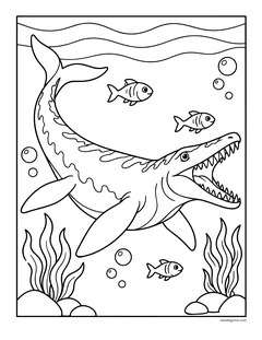 A mosasaurus with its jaws open swimming after fish under the sea