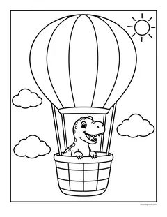 A cartoon T. rex riding in the basket of a hot air balloon, with clouds and the sun