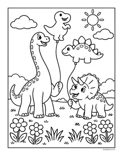 A brachiosaurus and a triceratops holding balloons shaped like a T. rex and a stegosaurus, above a row of flowers