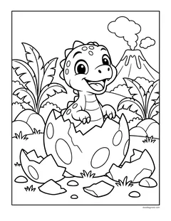 A baby dinosaur climbing out of a cracked spotted egg in the jungle, with a volcano behind