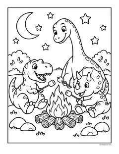 A T. rex, a triceratops and a long-necked dinosaur roasting marshmallows around a campfire at night