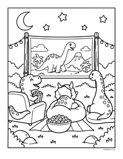 A T. rex, a triceratops and a long-necked dinosaur watching a dinosaur movie on an outdoor screen with popcorn