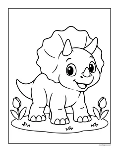 A cute baby triceratops standing on a patch of grass with tulips