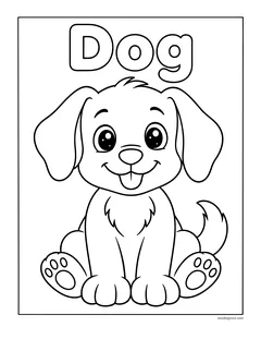 The word Dog in big bubble letters above a smiling puppy sitting down