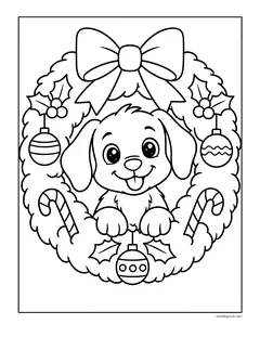 A puppy peeking through a Christmas wreath with a big bow, ornaments, holly and candy canes