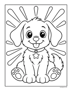 A smiling puppy sitting with a star tag on its collar and sun rays behind it