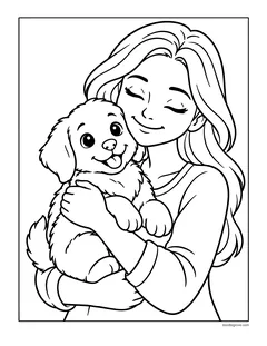 A smiling girl with long hair and closed eyes hugging a fluffy puppy