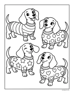 Four dachshunds wearing sweaters with stripes, dots, stars and hearts