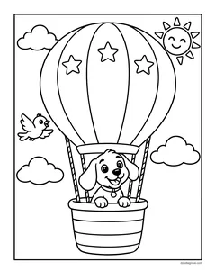 A puppy riding in a hot air balloon with stars on it, with clouds, a bird and a smiling sun